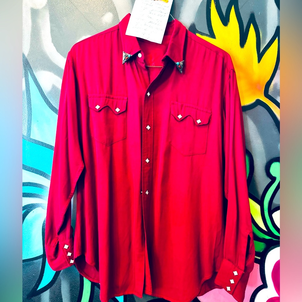 Western button up shirt vintage with turquoise and coral color bits